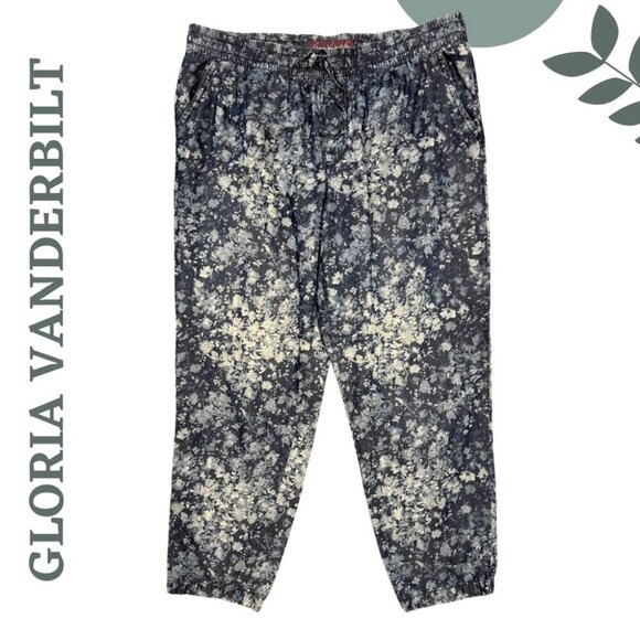 Lightweight Floral Pants by Gloria Vanderbilt | Blue | Elastic Waist | Large - Picture 1 of 5